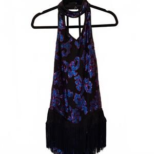 Weissman Black and Blue Sequin Dance Costume with Fringe, attached brief. Girls